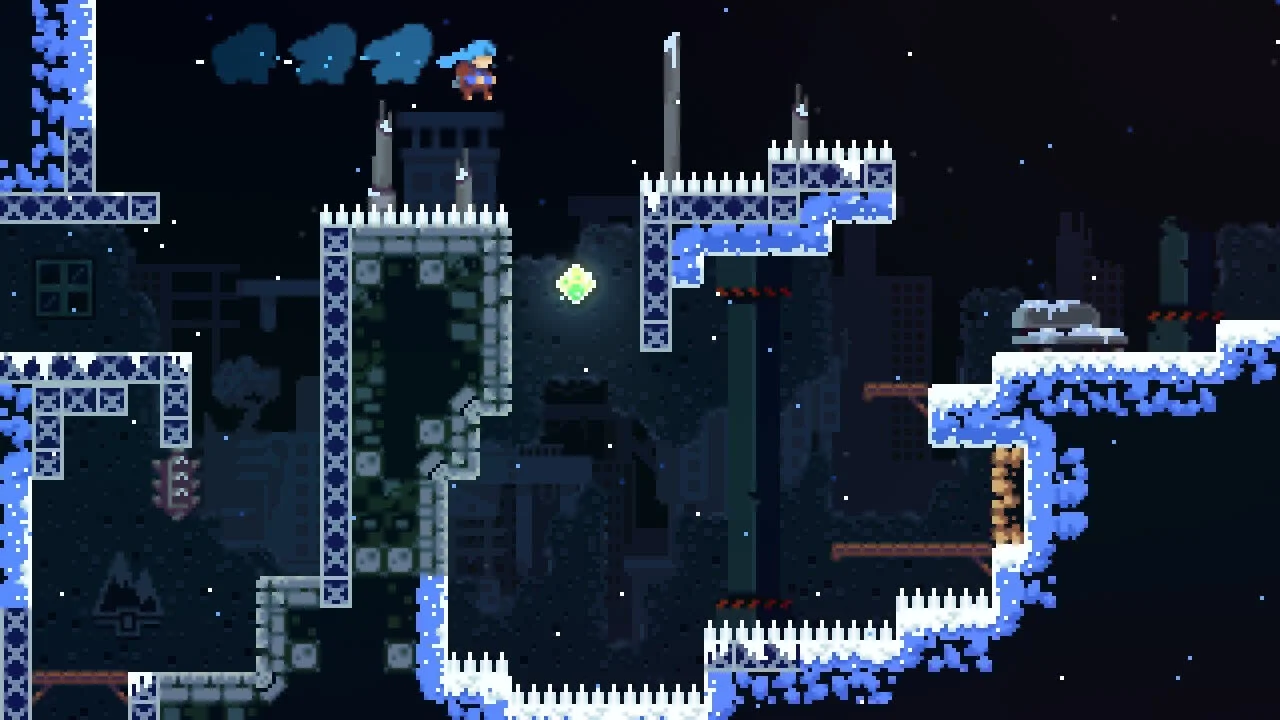 Captura de tela do game Celeste. A arte em estilo pixel art mostra uma personagem que precisa desviar de buracos e espinhos para apanhar o prêmio e atravessar o cenário.