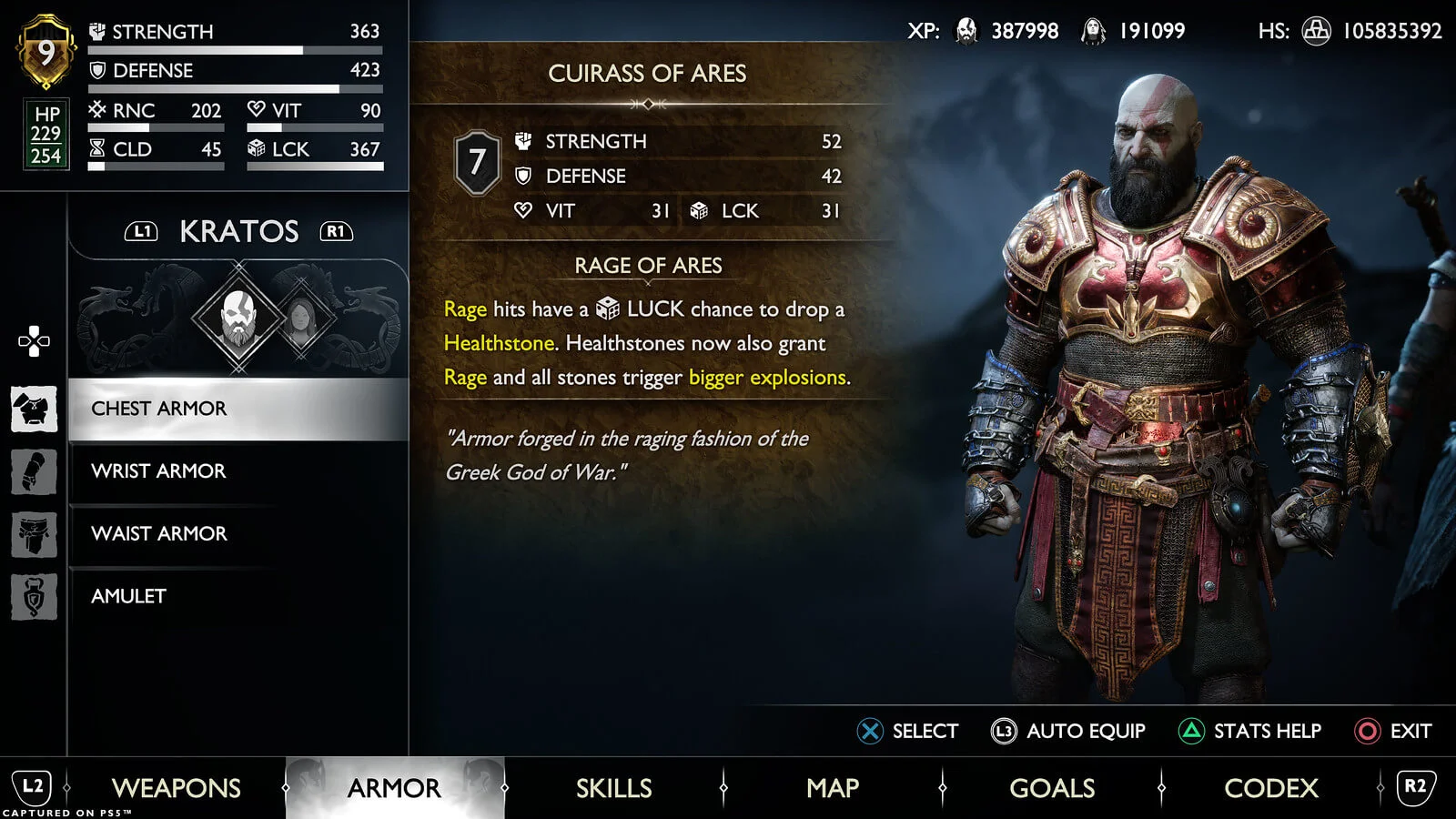 Um dos menus do game God of War. Nele há informações sobre os atributos de determinada armadura, além dos pontos de experiência e outras pontuações alcançadas pelo jogador.