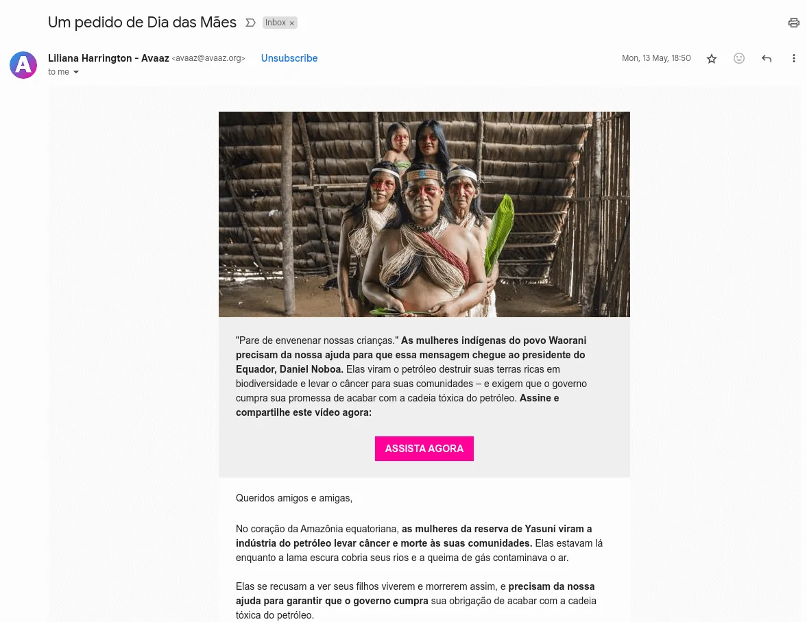 Captura de tela de um e-mail de Avaaz pedindo ajuda para pressionar o presidente do Equador a proteger as terras indígenas dos Waorani contra a destruição causada pela indústria do petróleo.