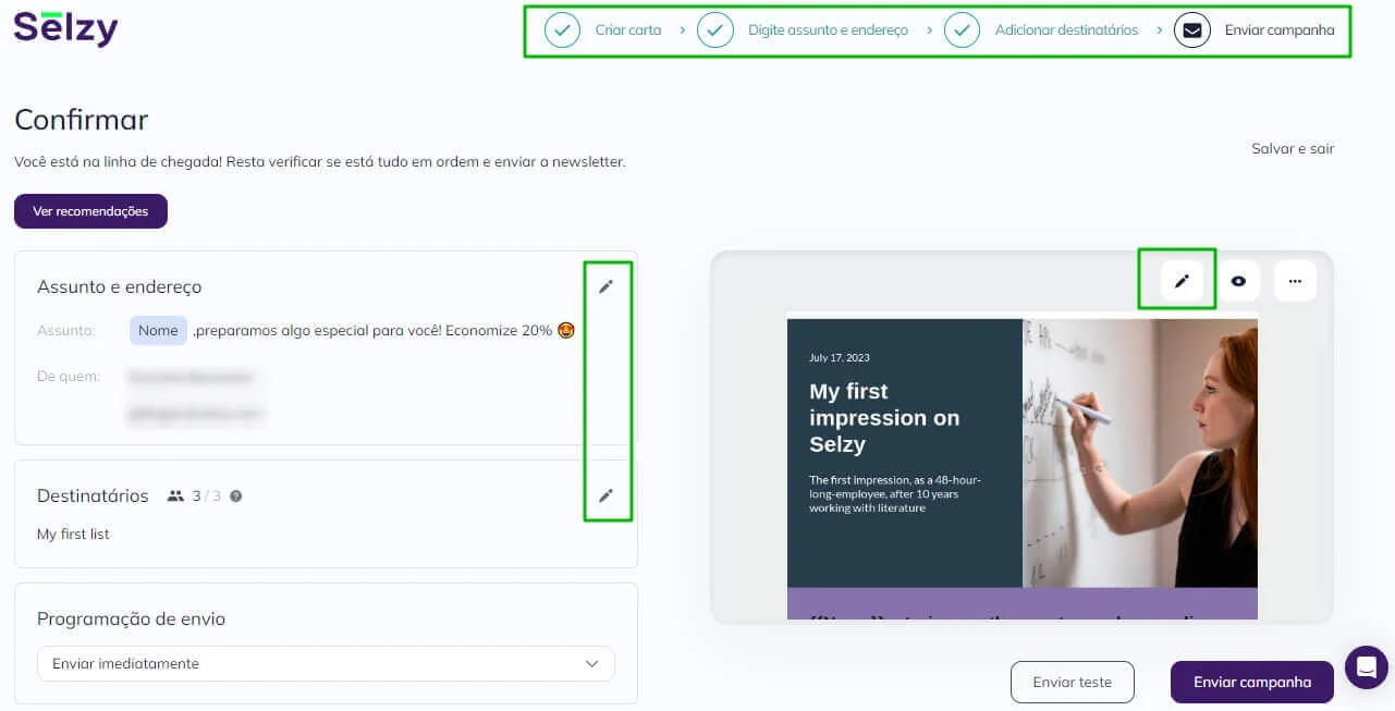Botões para editar a campanha na última etapa de envio.