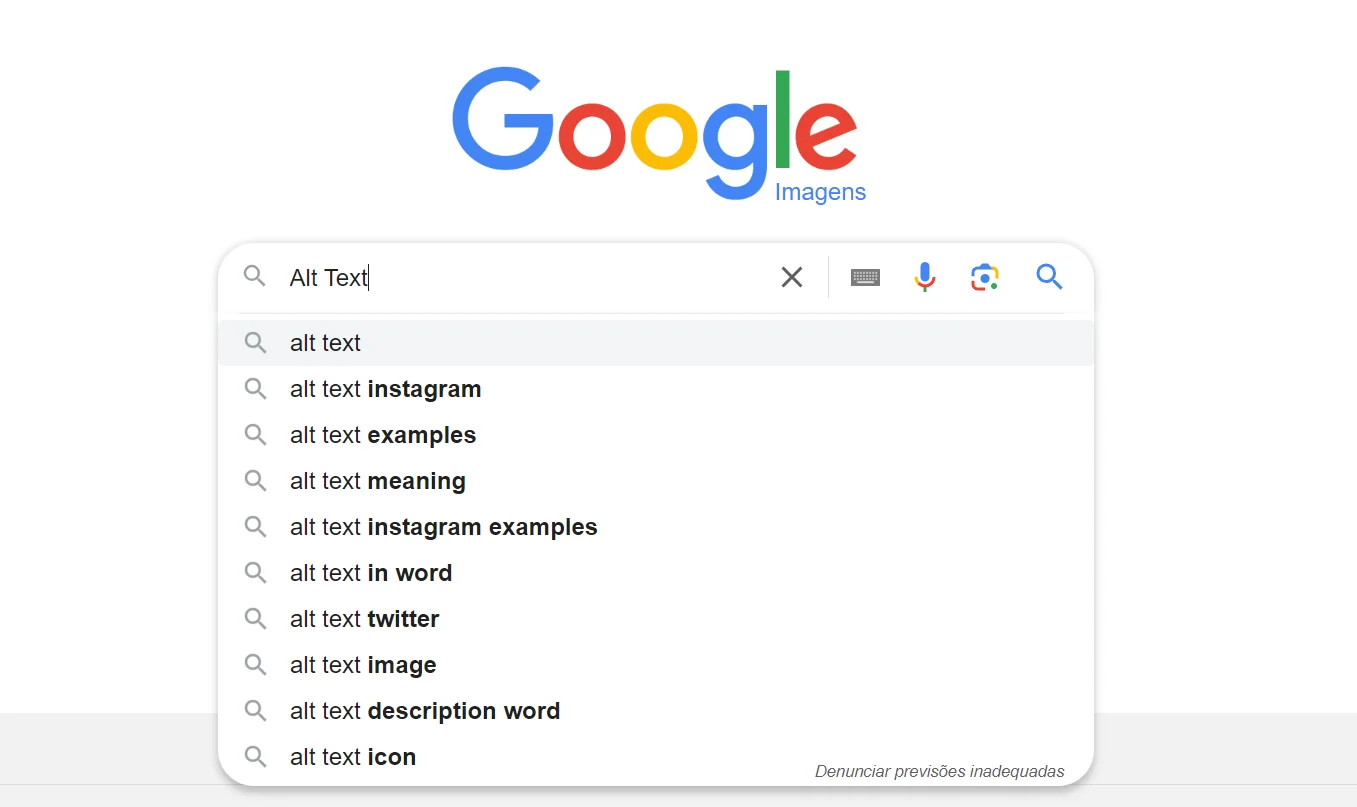Página do Google Imagens com “Alt Text” na barra de busca