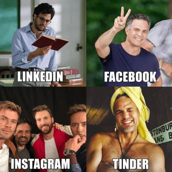 Quatro fotos do ator Mark Ruffalo, selecionadas para o LinkedIn, Facebook, Instagram e Tinder.