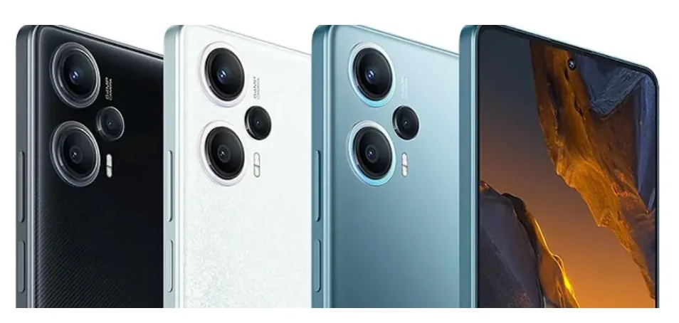 Três smartphones nas cores preto, branco e azul, sendo o último com destaque para tela