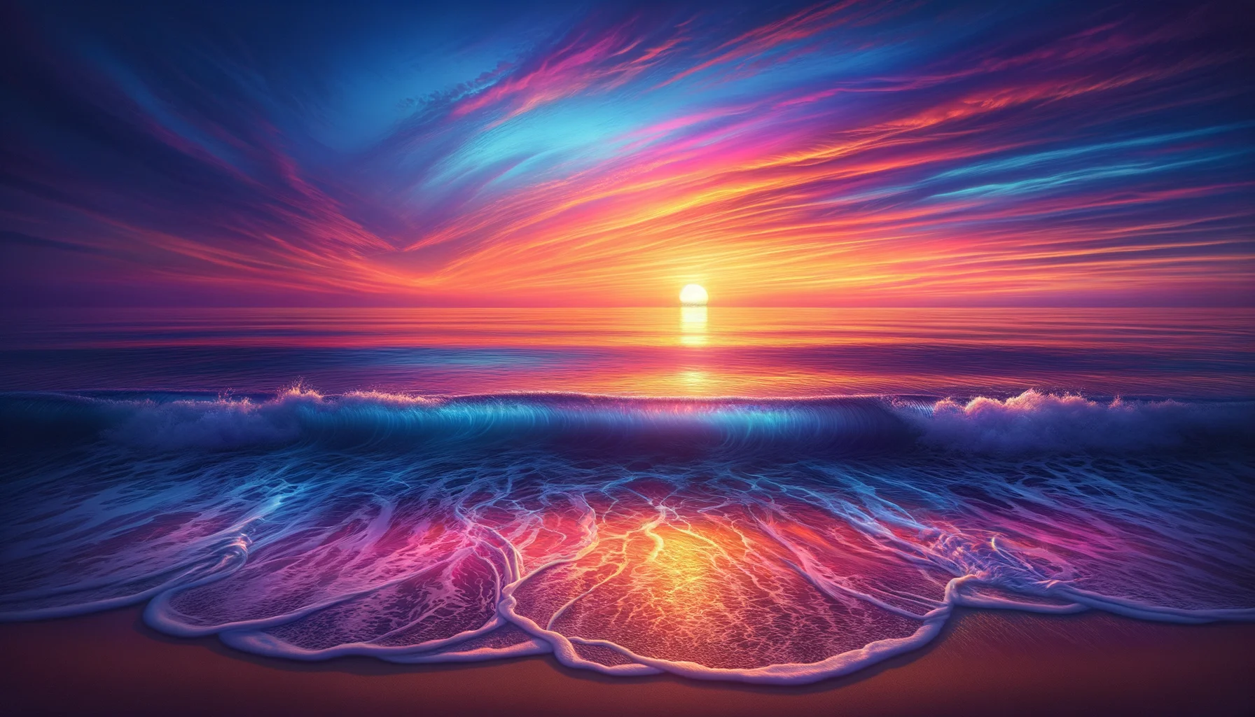 Pôr do sol sobre o oceano em tons de laranja, rosa e roxo