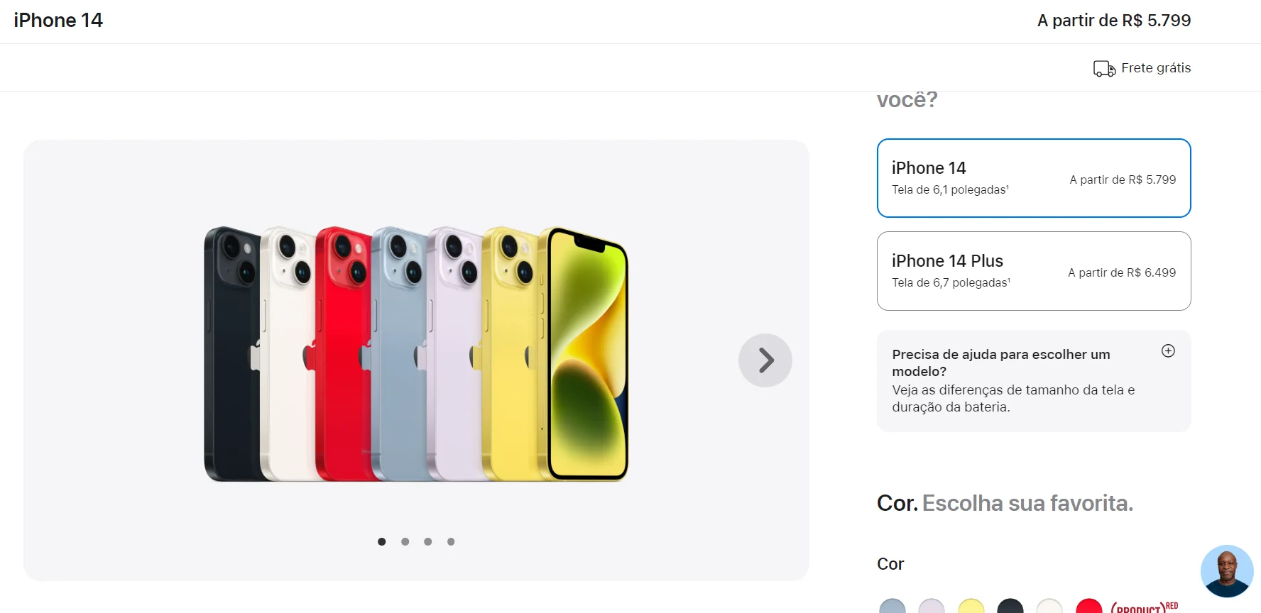 Página da Apple com modelos de iPhone 14