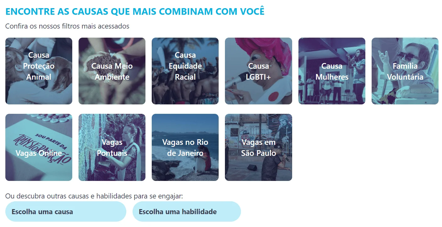 Captura de tela da plataforma de voluntariado Atados, na qual estão listados os tipos de vagas disponíveis, de acordo com a causa ou com a localidade.