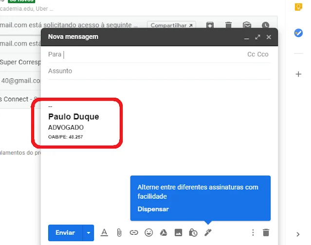 Assinatura de e-mail com o nome do profissional, sua profissão e número de inscrição na OAB