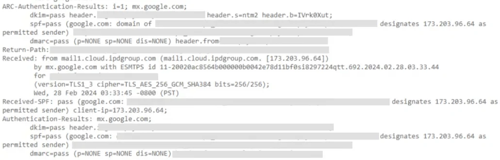 Captura de tela dos detalhes do cabeçalho da mensagem enviada, com informações sobre os métodos de autenticação de e-mail.