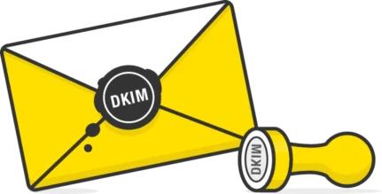 Ilustração de um envelope amarelo fechado, selado com cera, com cunha do protocolo DKIM