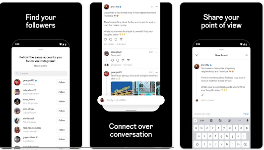 Imagens de divulgação da rede Threads, que destacam “Encontre seus seguidores, conecte-se em conversas,compartilhe seu ponto de vista.”.