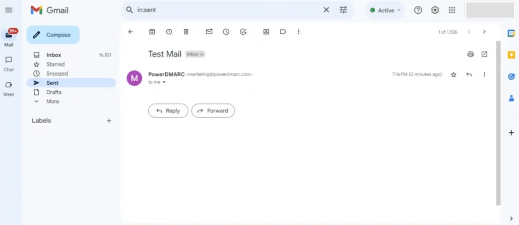 Captura de tela de um e-mail em uma caixa de enviados do Gmail