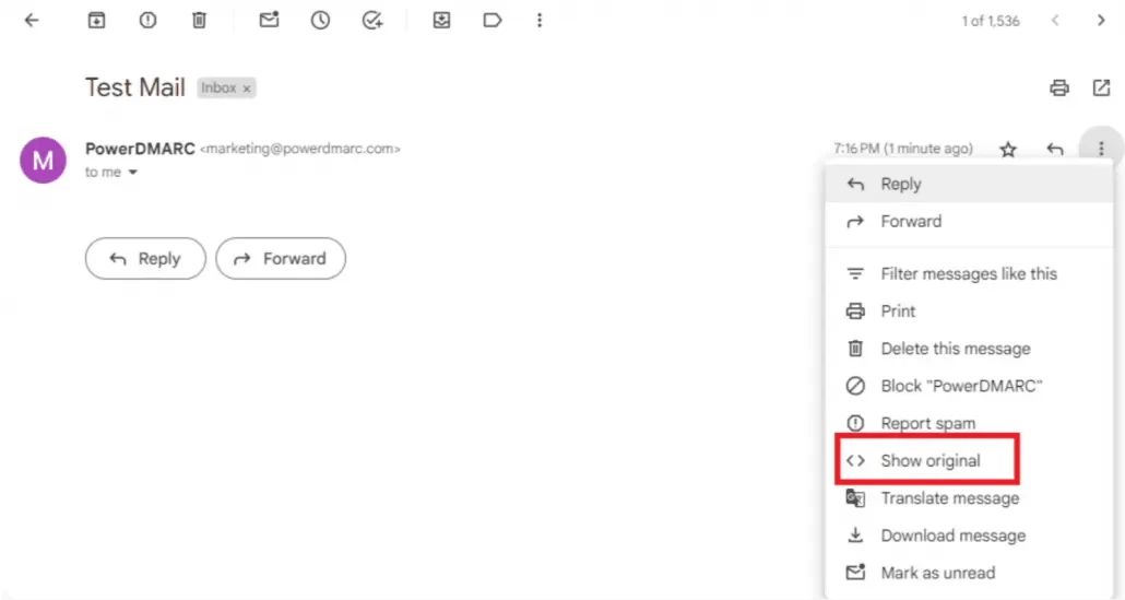 Imagem do e-mail enviado, onde, à direita, se encontram três pontos verticais e, ao clicá-los, aparece uma lista de opções, dentre elas, "show original" (mostrar original).