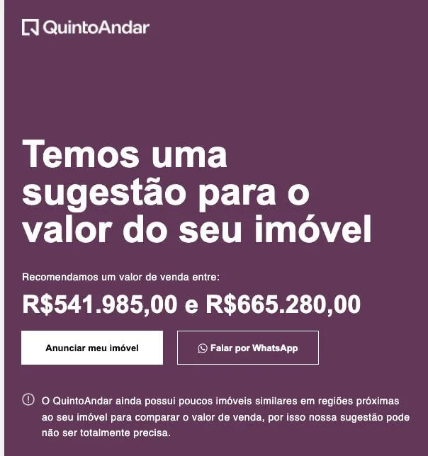 Captura de tela de um e-mail do QuintoAndar com sugestão de valores para a venda de um imóvel do cliente.