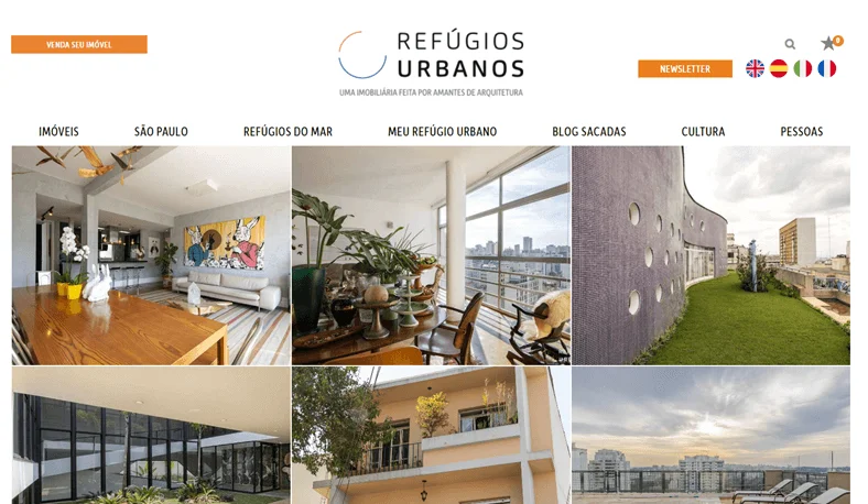 Captura de tela do site da imobiliária Refúgios Urbanos, mostrando algumas fotos de imóveis em destaque.