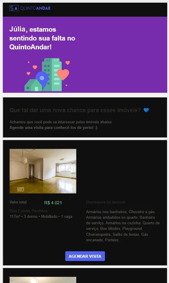 Captura de tela de um e-mail do QuintoAndar oferecendo alguns apartamentos em São Paulo.