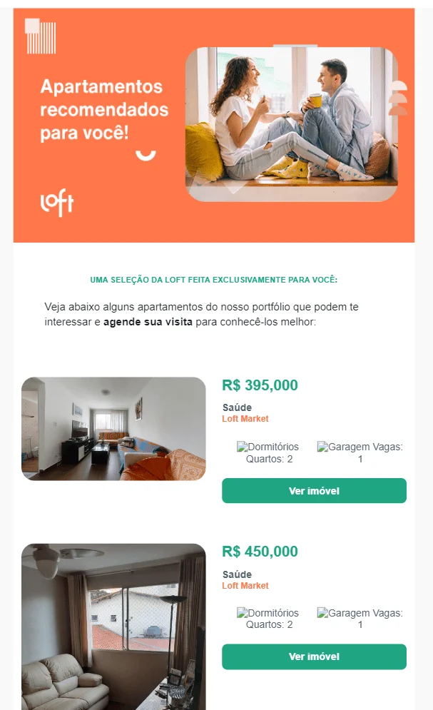 Captura de tela de um e-mail mostrando opções de apartamentos em um mesmo bairro, listando os preços e quantidade de dormitórios em cada um.