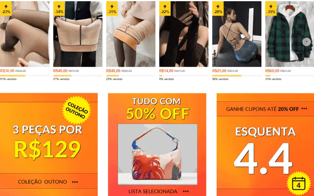 Uma captura de tela mostrando um exemplo de marketing não segmentado. A promoção é ampla, porém genérica, já que a imagem contém roupas que não são direcionadas a um público-alvo.