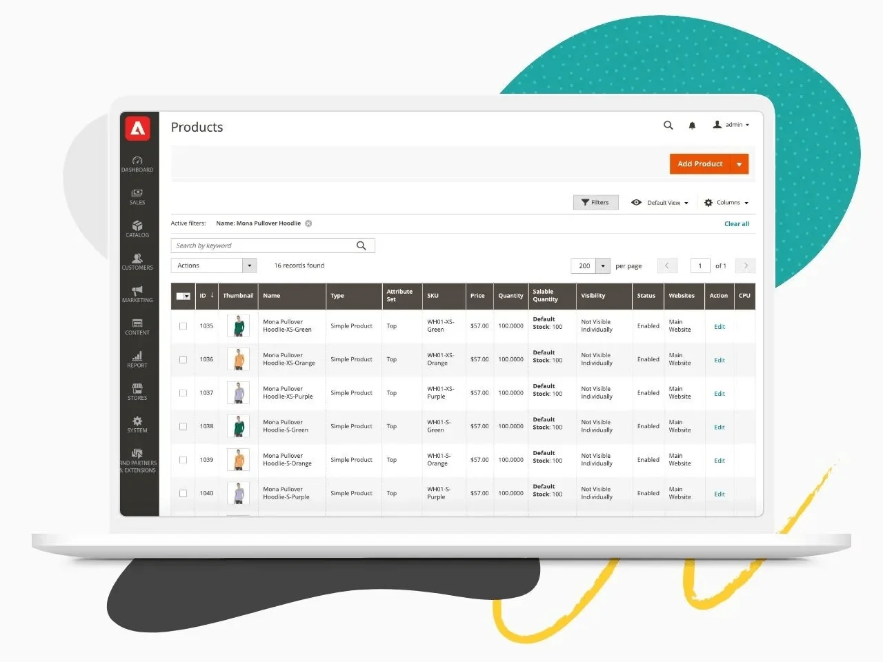 Imagem de um computador estilo notebook, cuja tela mostra a ferramenta do Adobe Commerce, com a lista de produtos de uma loja de roupas