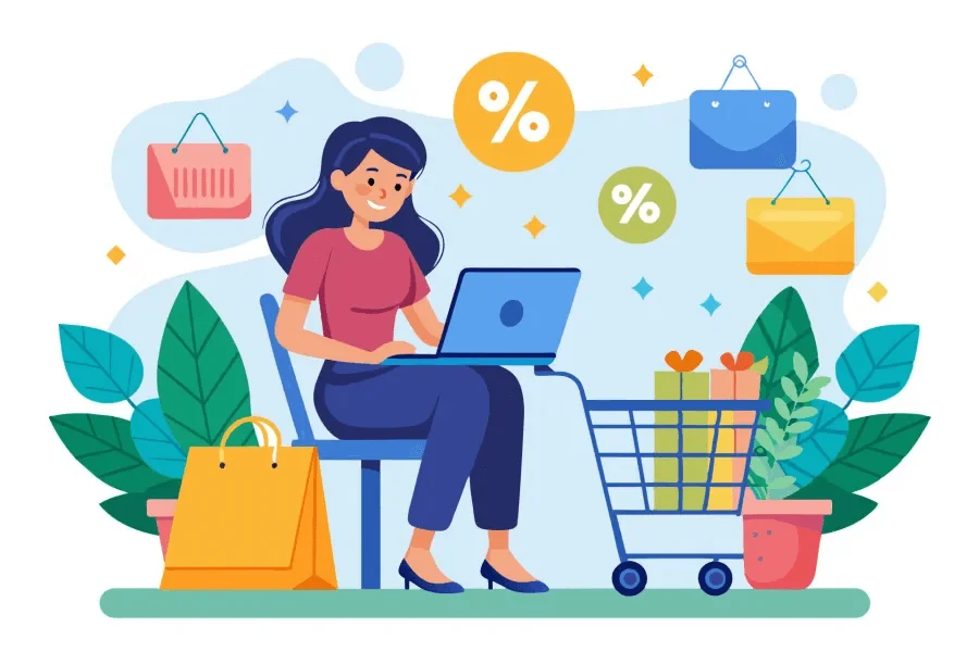 Ilustração com uma mulher e um computador em seu colo, que sugere que ela faz compras, por ter diversas sacolas ao seu redor, além de um carrinho de compras e símbolos de porcentagem, que significam descontos.