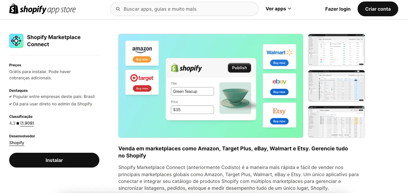 Captura de tela que mostra a loja de aplicativos da Shopify, um diferencial desta plataforma