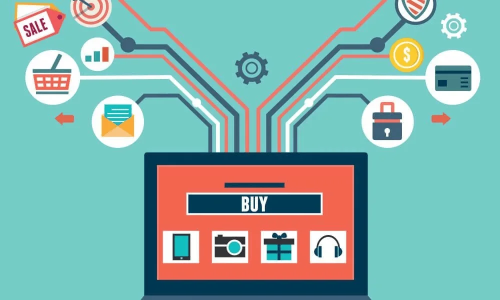ilustração de um site em uma tela de computador, de onde saem diversas conexões que simboliza as partes de uma operação de vendas online, como pagamento, análise de dados, e-mail marketing, etc…