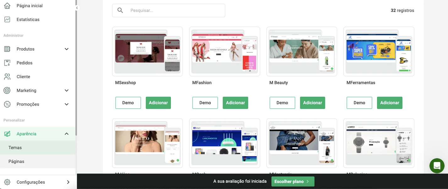 Imagem do painel de configuração da uma loja online na plataforma da Moovin
