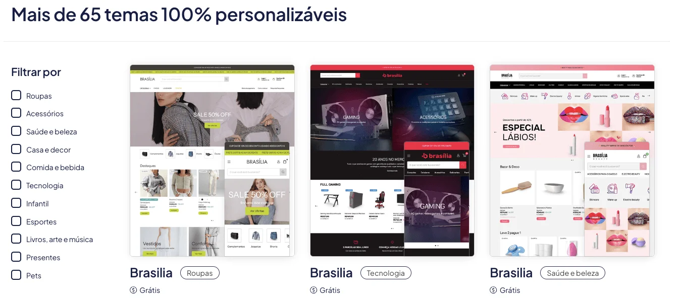 Captura de tela que mostra três dos mais de 65 modelos de loja virtual disponíveis na base da Nuvemshop