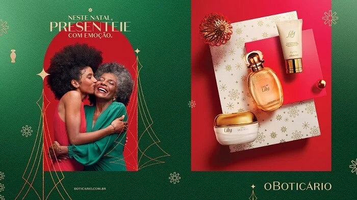 Anúncio de Natal da marca O Boticário, com uma foto de duas mulheres se abraçando e um kit de produtos da marca.