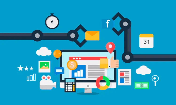 figura conta com braços de robô e elementos que remetem às estruturas de campanhas de e-mail marketing, como gráficos, fotos, calendário, dinheiro, etc, em alusão à automação de e-mail marketing.
