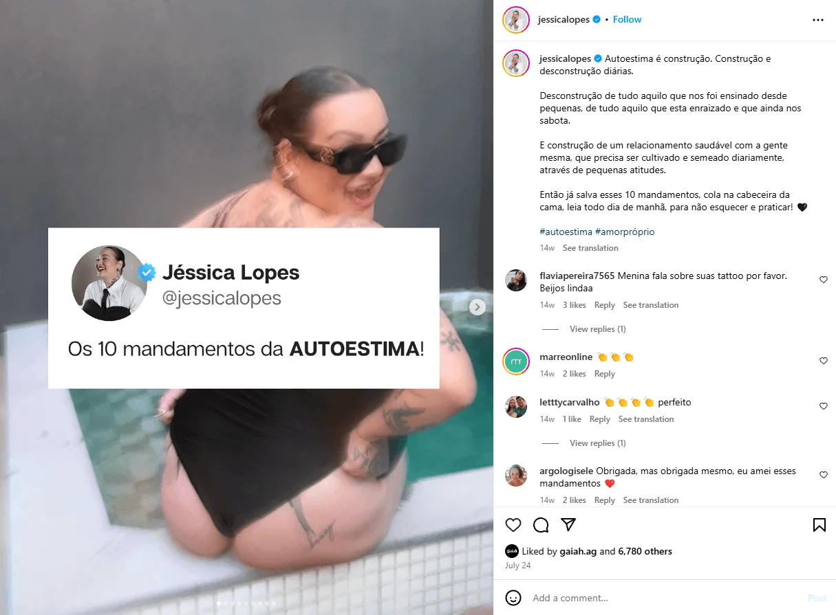 Print de post do instagram da influencer Jessica Lopes