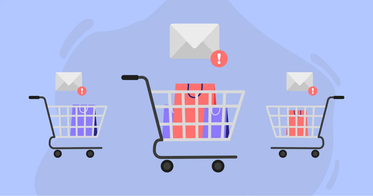 ilustração mostra carrinhos de compra cheios e uma mensagem com um sinal de exclamação em cima, sugerindo um e-mail importante.