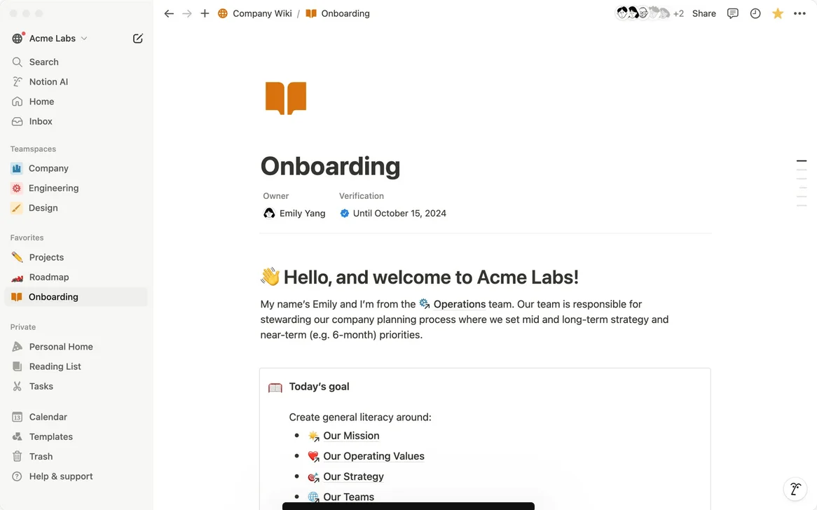 Tela do Notion com exemplo de processo de Onboarding.