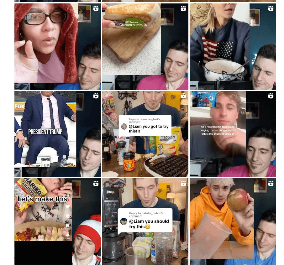 Captura de tela de um perfil no instagram com vários vídeos respondendo a outros vídeos