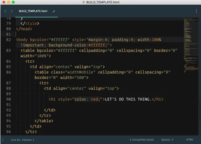 a imagem captura o código de um e-mail criado a partir da linguagem HTML, onde pode-se ler algumas linhas de programação