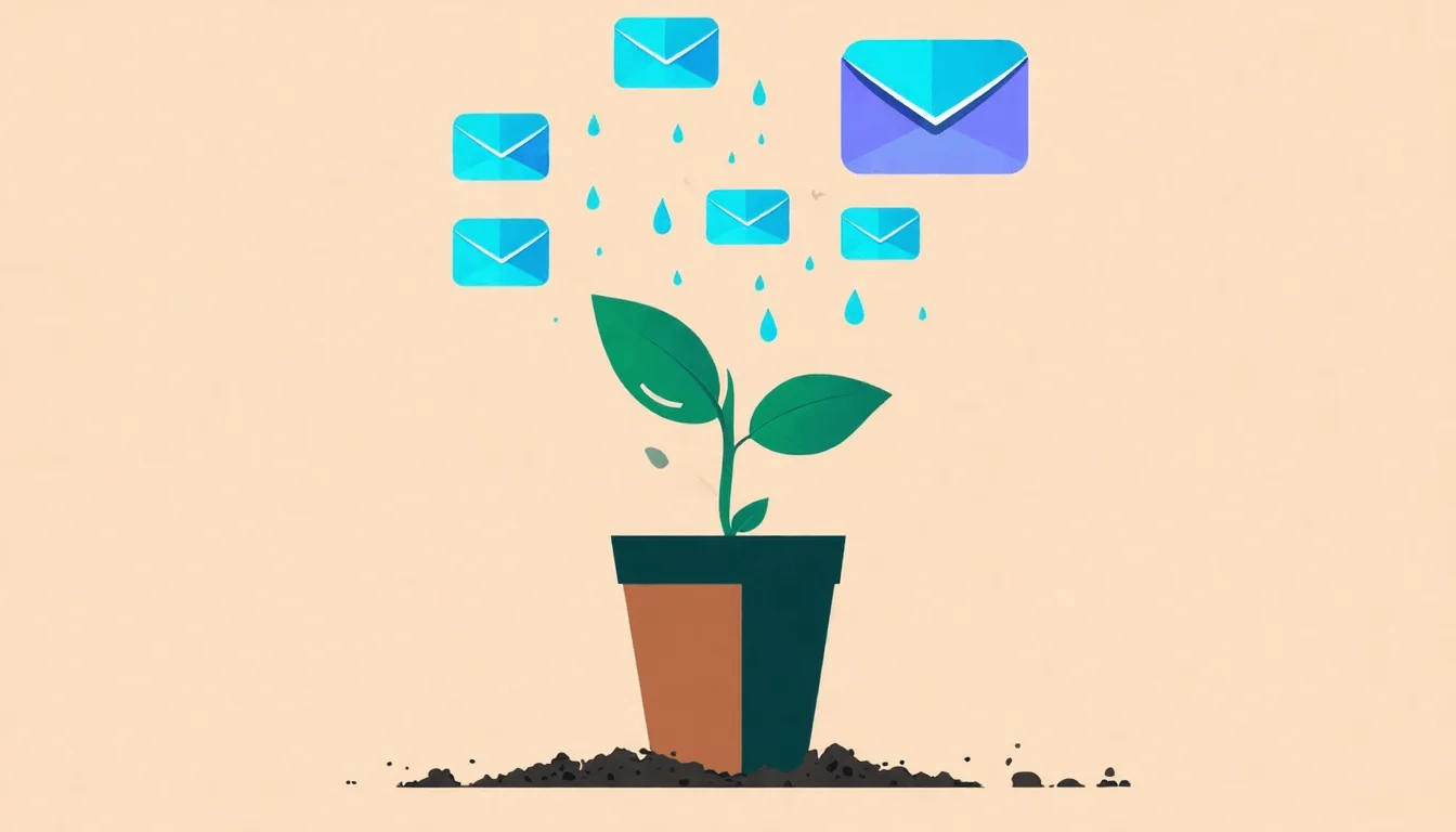 Uma planta em um vaso sendo regada por um fluxo de ícones de emails.