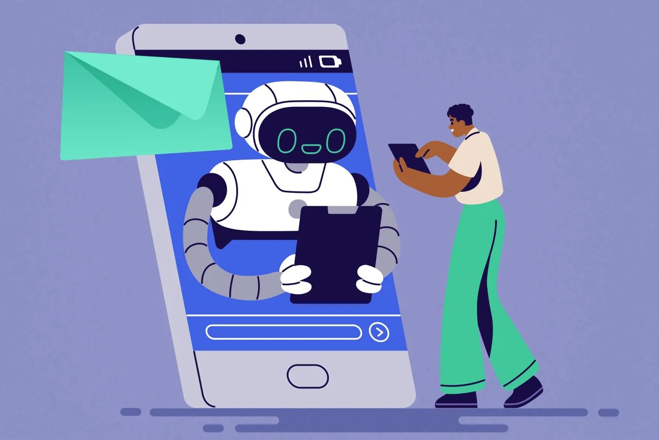 Um celular com um robô na tela, uma ilustração de uma pessoa e um ícone de e-mail, representando automação