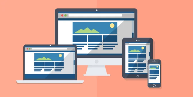 A imagem mostra quatro telas: a de um monitor grande, a de um laptop, a de um tablet e a de um celular. Em cada uma dessas telas, o conteúdo está adaptado a seu formato.