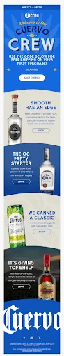 Um e-mail de boas-vindas em tons azuis da marca Cuervo, com duas garrafas de bebidas