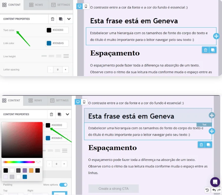 Imagem do editor de e-mails da Selzy exemplificando o processo de troca de cores da fonte do e-mail