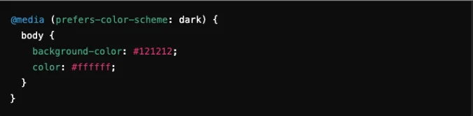 imagem mostra o código a ser utilizado para configurar a compatibilidade com modo escuro de dispositivos