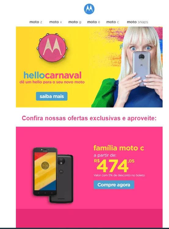 Exemplo de campanha sazonal de carnaval da Motorola através de e-mail marketing.