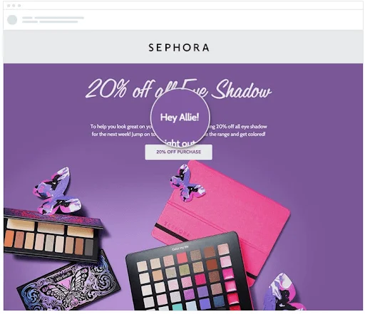 Banner de e-mail da Sephora com fundo roxo e duas paletas de maquiagem dispostas com ícones de borboleta