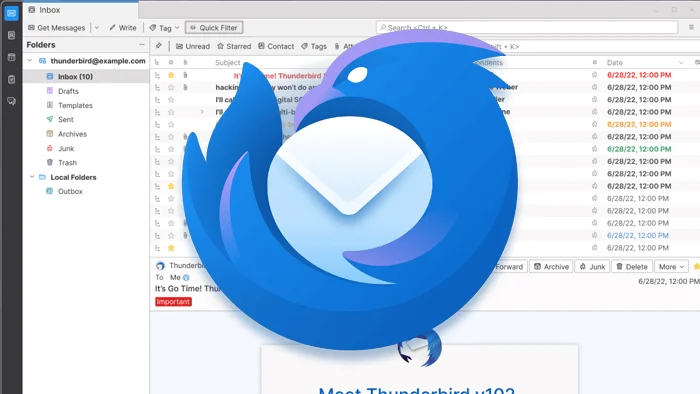 Imagem da caixa de entrada do Thunderbird, com a logo do cliente de e-mail sobreposta.
