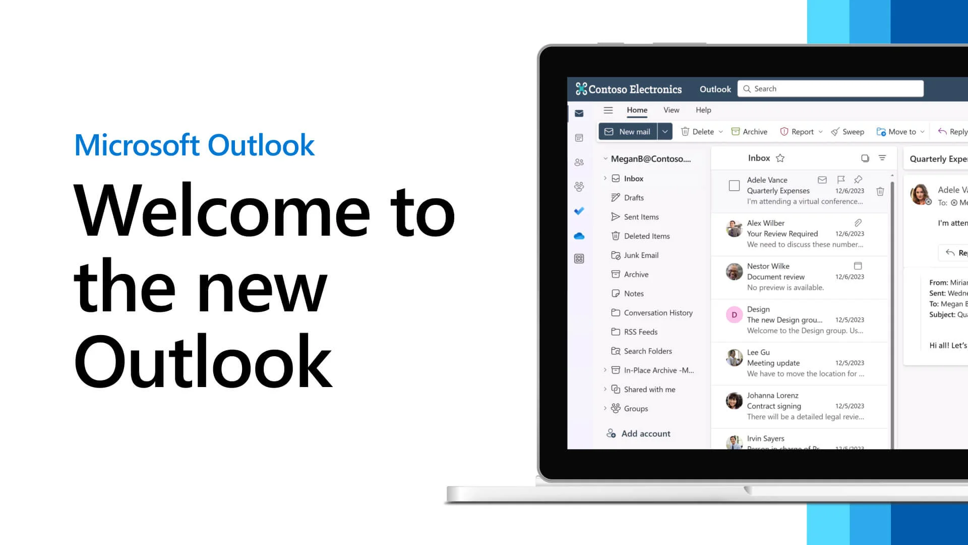 Imagem que mostra parte de uma tela de computador, com o Outlook aberto, exibindo a caixa de entrada do usuário. Ao lado dessa tela, lê-se “Welcome to the new Outlook”.