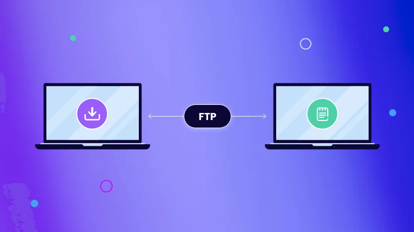 Gráfico que exibe dois laptops, um com um ícone de download na tela, e o outro com um ícone de arquivo. Os dois estão conectados por um FTP.