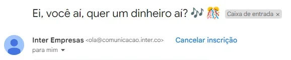 Captura da campanha do Banco Inter, que traz referência de marchinhas de Carnaval e tem também emojis.