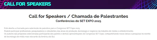 Imagem de uma chamada de palestrantes da conferência SET EXPO 2025 descrevendo quem pode participar do envio de propostas de palestras