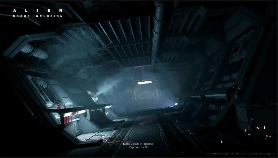 Uma captura de tela do jogo Alien: Rogue Incursion, totalmente feito para realidade virtual. A imagem mostra um corredor pouco iluminado, com gráficos realistas.
