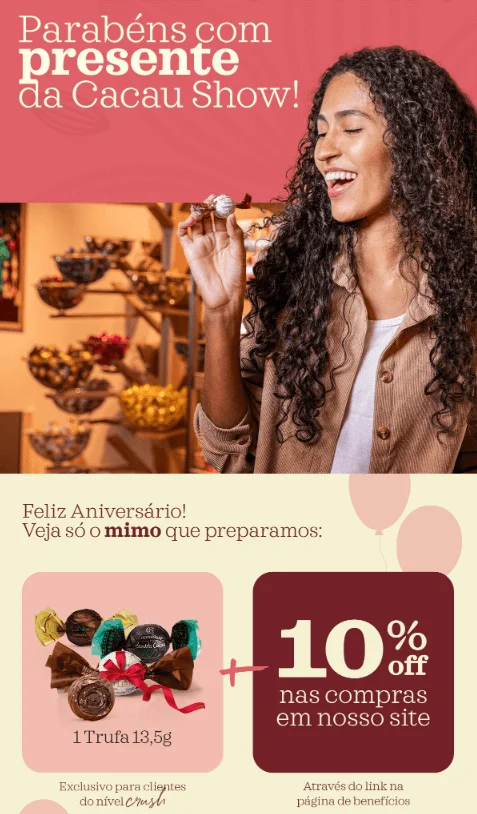 Imagem que mostra um e-mail marketing da Cacau Show enviado no aniversário do cliente. No título, lê-se “Parabéns com presente da Cacau Show”. Na sequência, temos a mensagem: “Feliz Aniversário! Veja só o mimo que preparamos:”, seguida de uma oferta de 10% de desconto e uma trufa de presente.