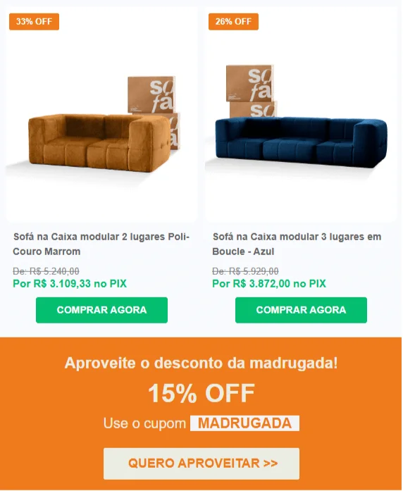 Trecho de e-mail marketing da empresa Sofá na Caixa, mostrando ofertas. Além do clássico botão “comprar agora” exibido embaixo de cada produto, há um destaque para o cupom “madrugada”, que dá 15% de desconto. Neste caso, a chamada para ação é “quero aproveitar”.